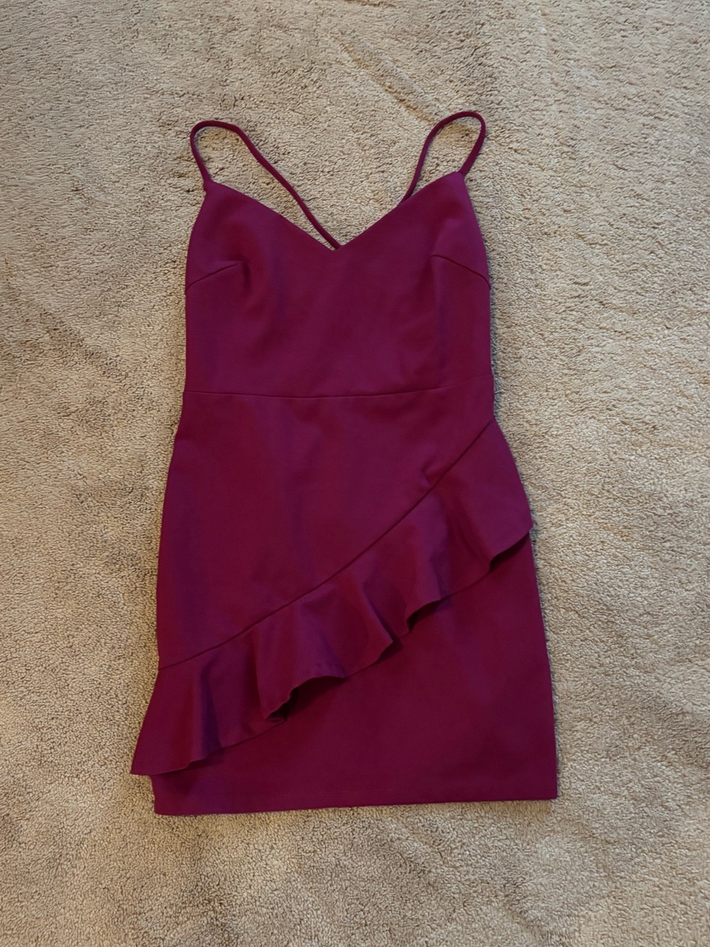 Fitted Plum Spaghetti-Strap Mini Dress with Ruffle Detail